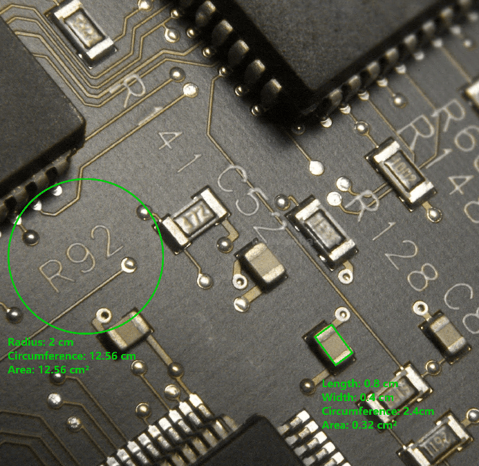 Camera image of a PCB with geometric measurement overlays: a circle with radius and area and a rectangle with length and width measured in a single image