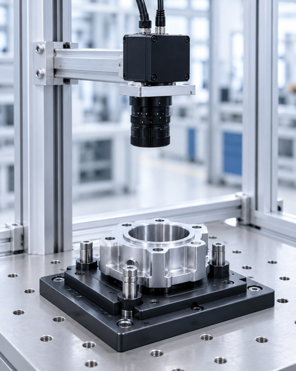 Area scan camera with lens mounted on an aluminium profile gantry above a CNC-milled aluminium flange clamped in a fixture on a base plate, stationary inspection position
