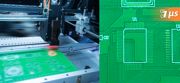 Hikrobot CA series area scan camera inspecting a printed circuit board in an SMT line, with the captured image showing components highlighted for presence and position check
