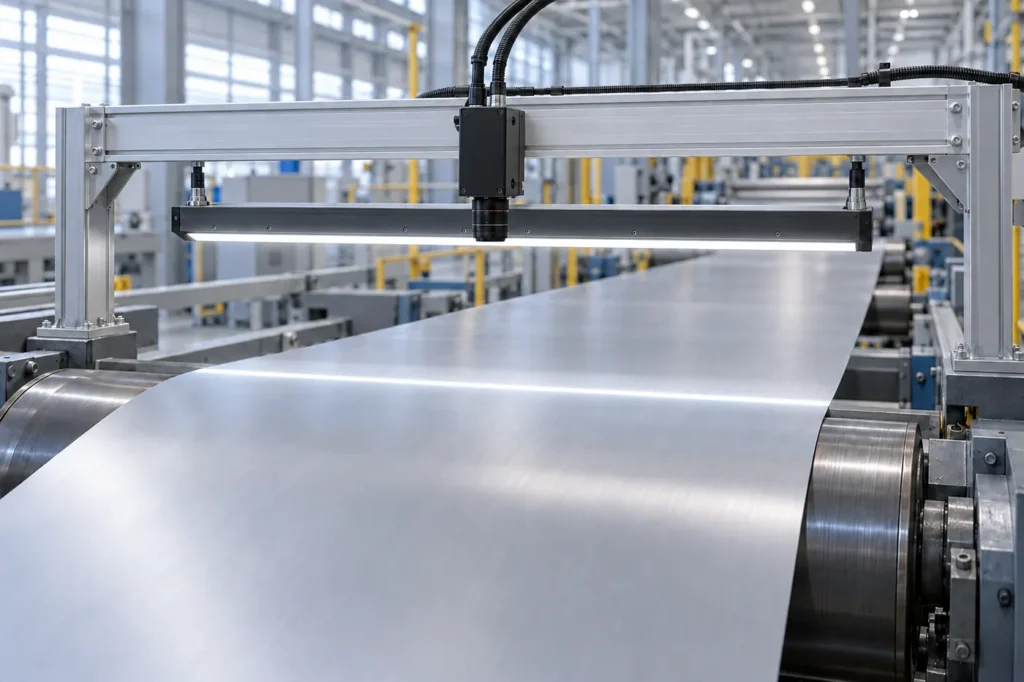 Line scan camera and a bar light spanning the full width of a moving steel strip, with the illuminated line directly under the camera