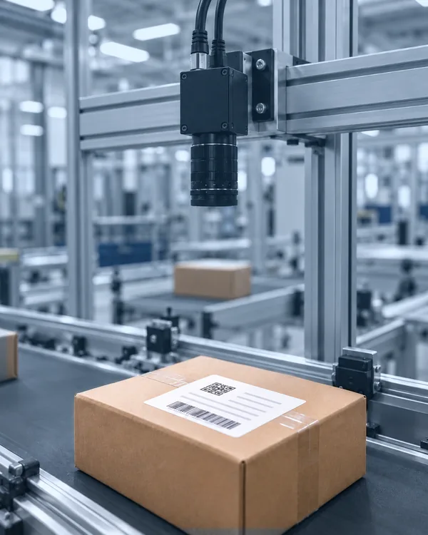 Area scan camera with C-mount lens mounted on an aluminium profile gantry above a conveyor belt, reading the barcode and 2D code on a parcel label