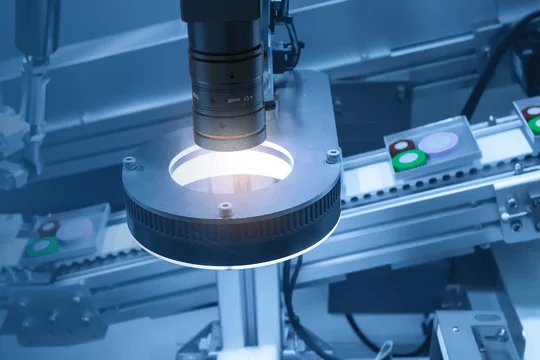Area scan camera with C-mount lens and LED ring light mounted above a conveyor in an inspection station, with parts on carriers passing beneath