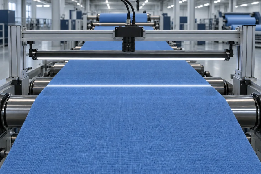 Line scan camera with lens on an aluminium gantry above a running blue textile web, with an LED line light illuminating a narrow line across the full width of the fabric